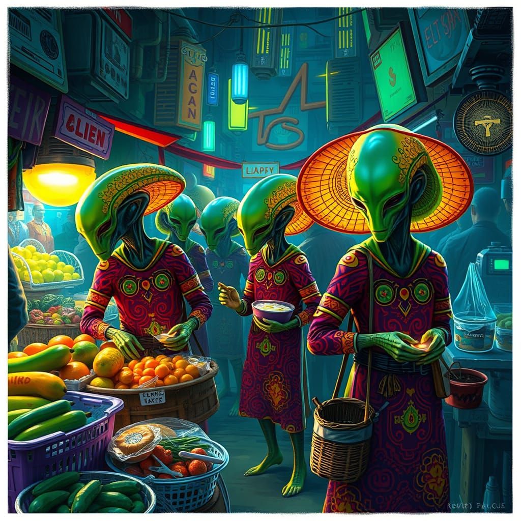 A crowded street filled with alien merchants selling glowing produce  by @GraveyardsAndTakeout