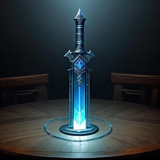 Glowing Runes on Medieval Sword in Dark Room