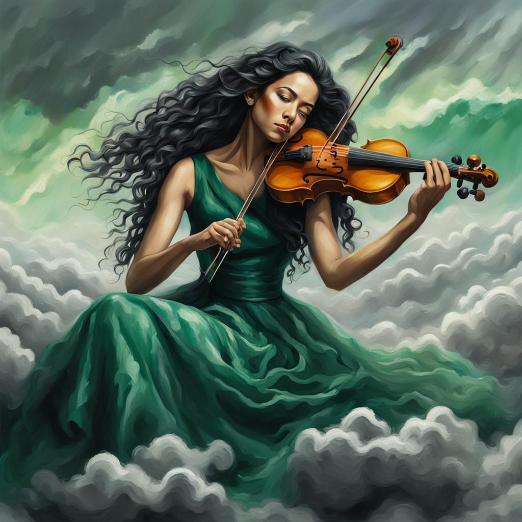hyperrealistic beautiful woman violinist, long curly black h...