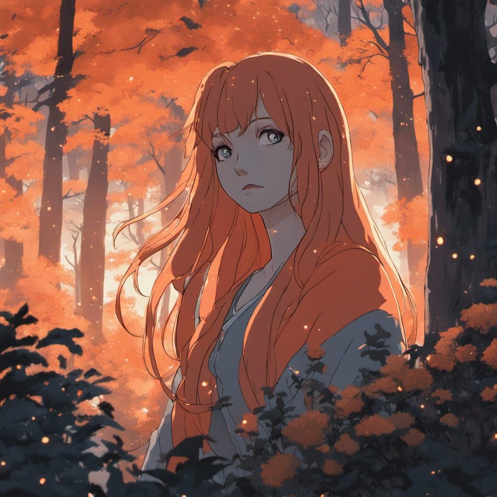 serious woman long bright orange hair fantasy saint with large black monsters flowers forest at night medieval dreary om...