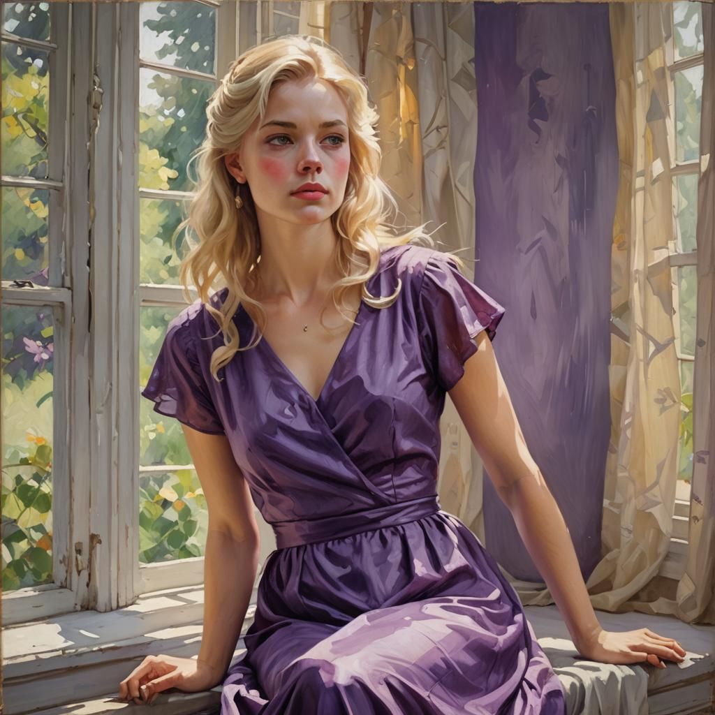 Beautiful young blond girl posing with purple dress ,backgro...