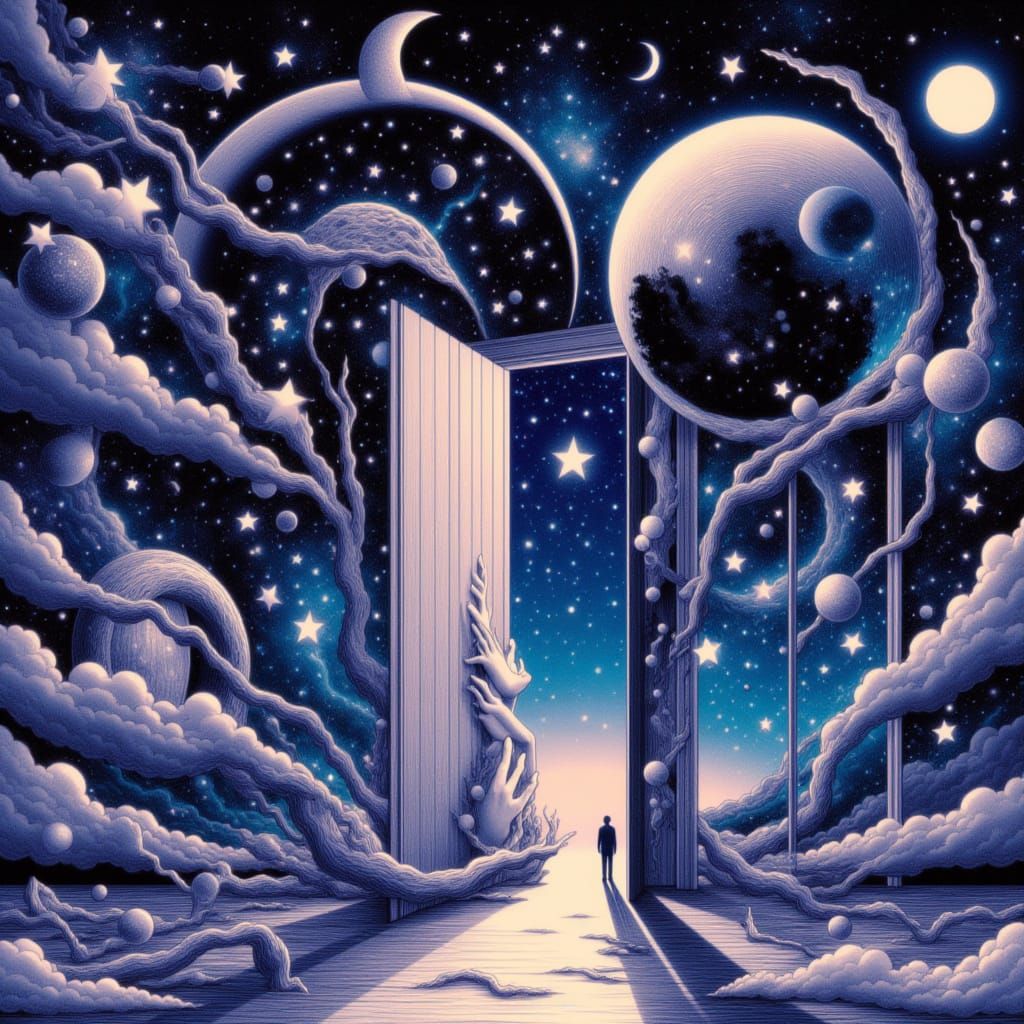 Mind falls, surreal dreamscape, 8k, manhwa illustration by shintaro kago and Umezz, melancholy, moon, stars <lora:SurDimeFlux:1.0>