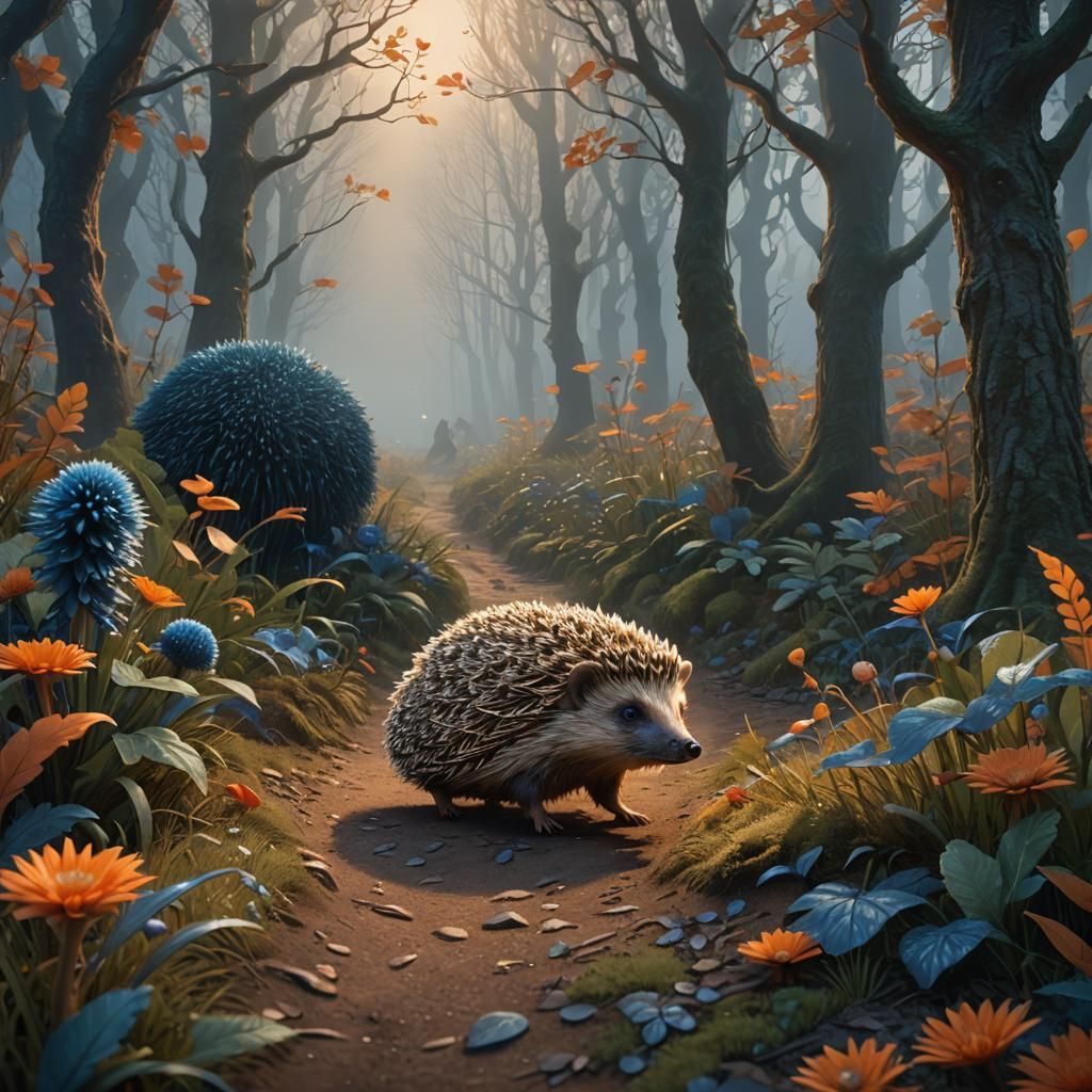 Hedgehog Runs in Forest: Art Nouveau Matte Painting