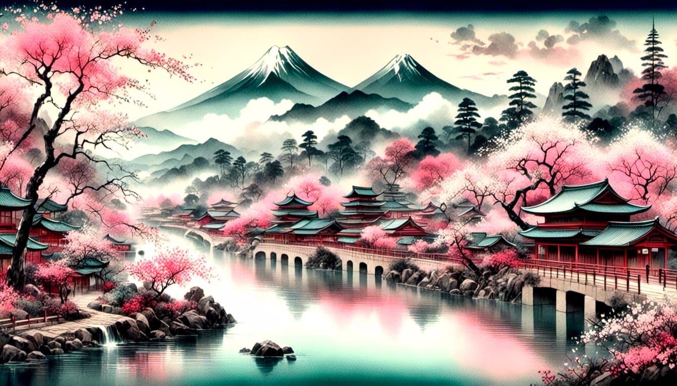 Picture a landscape of Imperial Japan <lora:Ukiyo-e:1.0><lora:Water color:1.0>