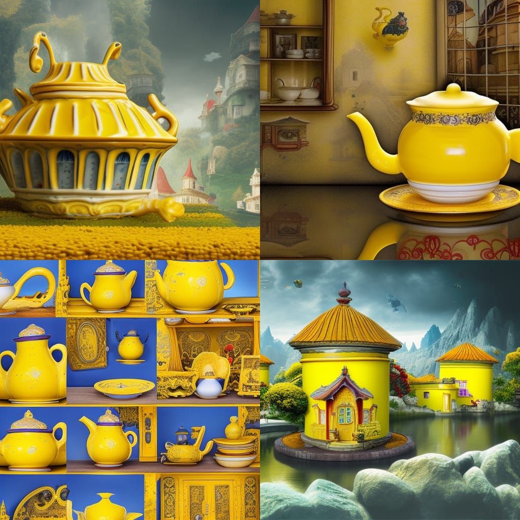 Beautiful Yellow Porcelain Teapot House, quaint Porcelain aesthetic, beautiful yellow house shaped like a teapot, Fantas...