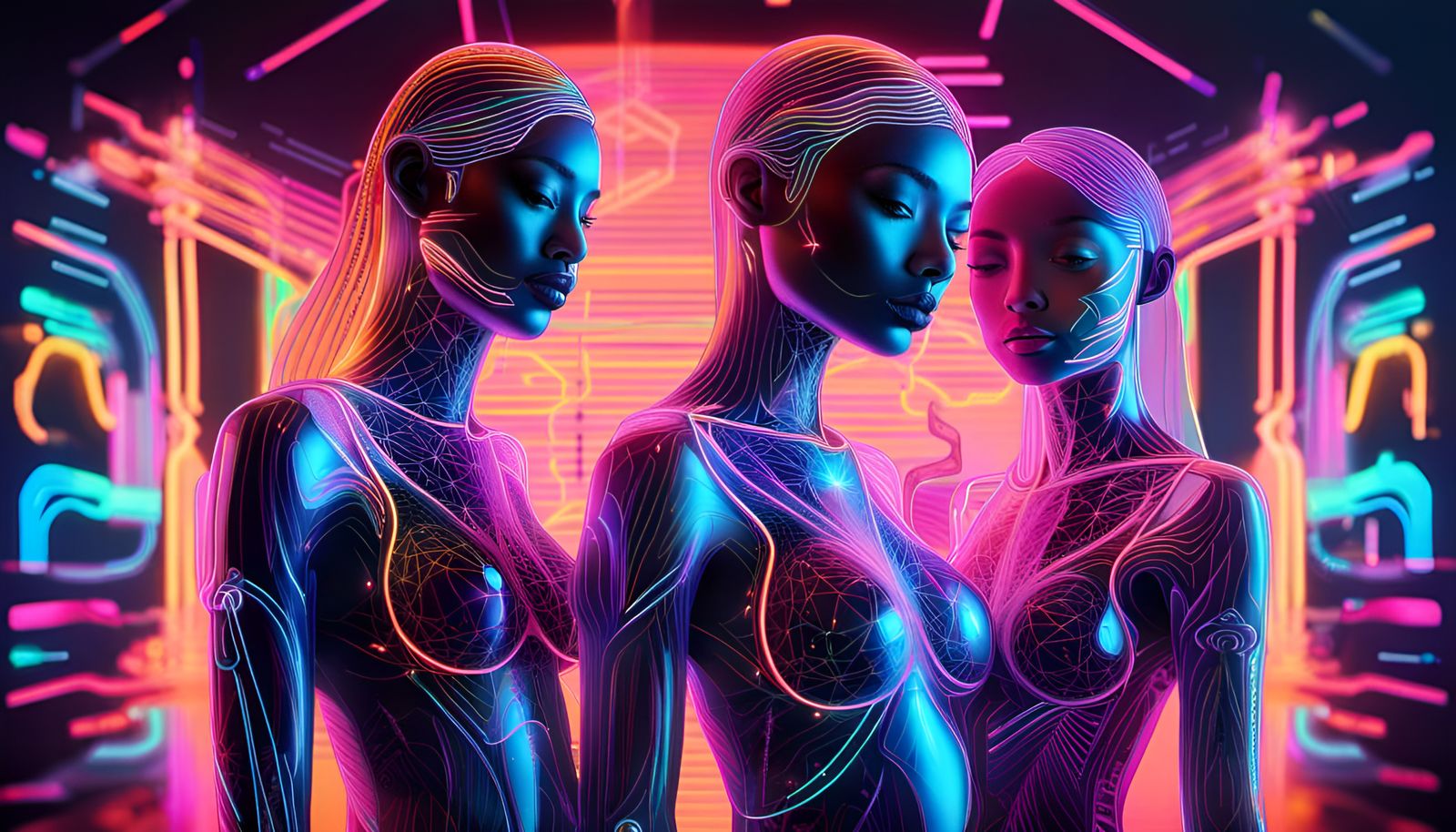Neon Women with Holographic Glow and Intricate Details