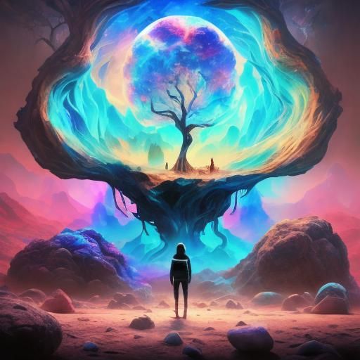 <lora:SURREALCORE-gullyDJ:1.0> Surrealism. Wide angle. A lone dreamer standing in a fantastical, alien landscape with levitating rocks and t...