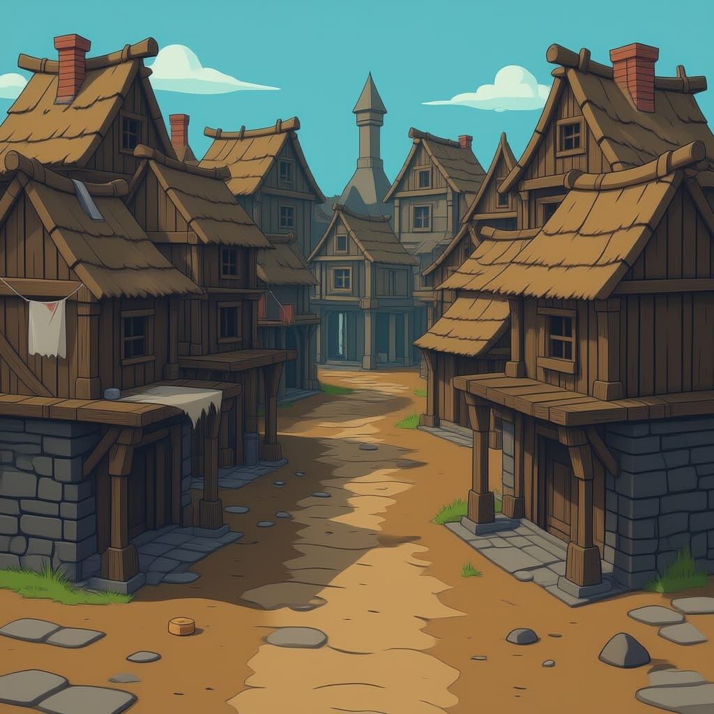 2D flat side-scrolling map of a medieval fantasy slum street, 2D platform game style like Mario, no 3D elements. Ground level cobblestone an...