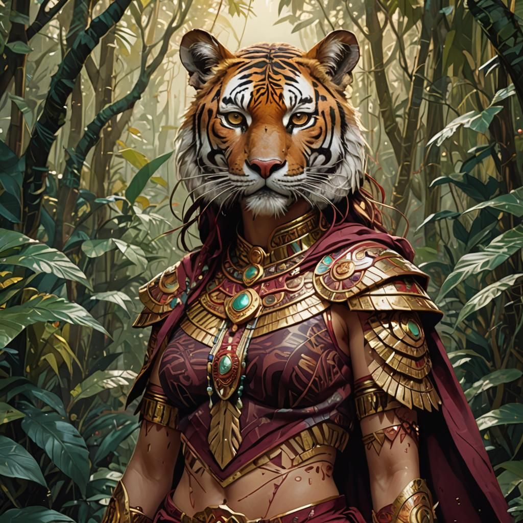 female aztec warrior tiger, standing in the jungle, wearing a burgandy cape, golden outlines, highly detailed, intricate motifs, organic tra...