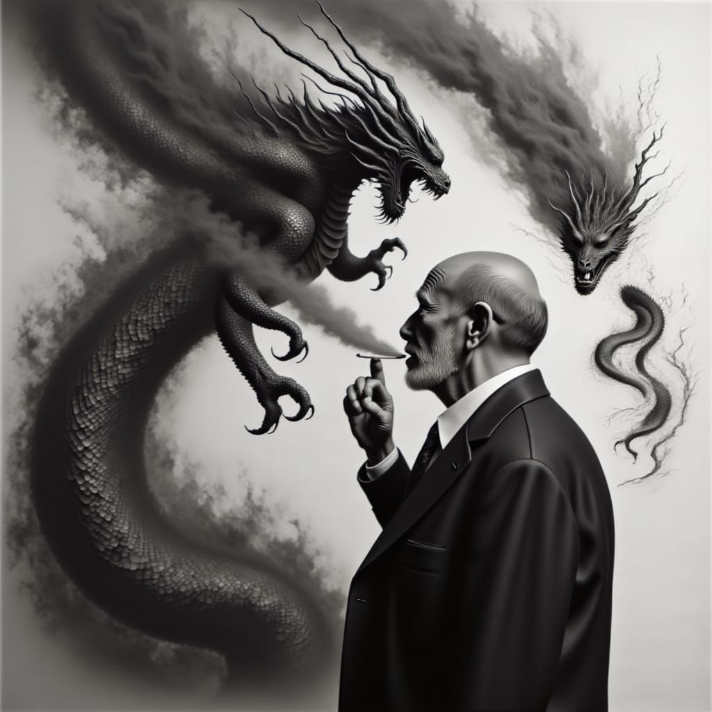 A hauntingly detailed illustration of an elderly man smoking a cigarette, as he exhales the smoke that transforms into a terrifying smoke de...