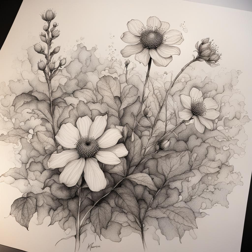 Botanical ink drawing on sheet paper