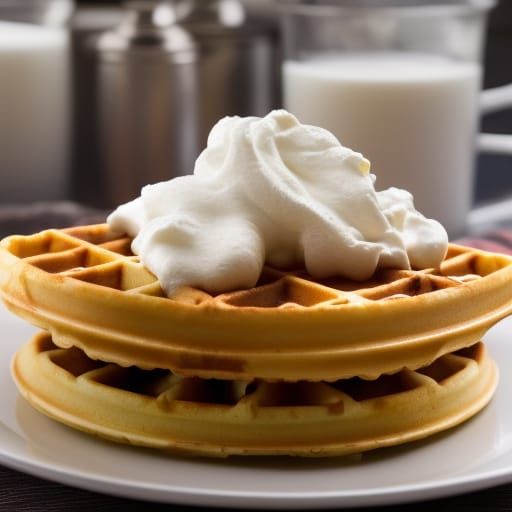 delicious waffles with butter, syrup and whipped cream.
