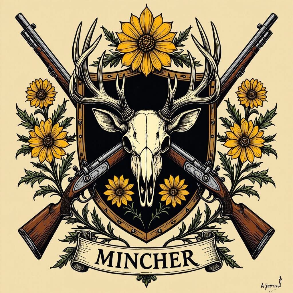 Family crest with Elk Skull in the center of the shield with two flint lock rifles crossed behind with the name Mincher at the bottom. Incor...