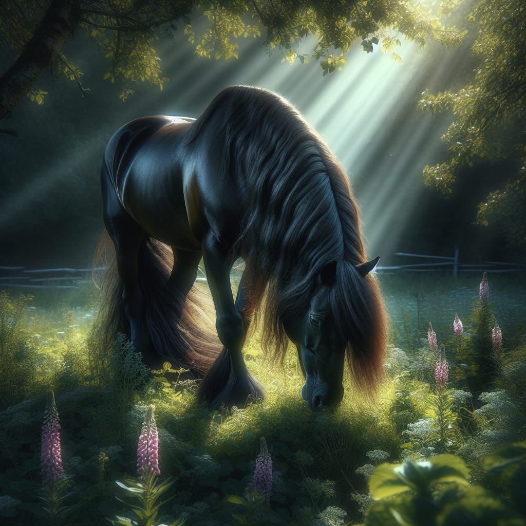 A horse with a shiny, dark coat grazing in the sunlight  by @Cat