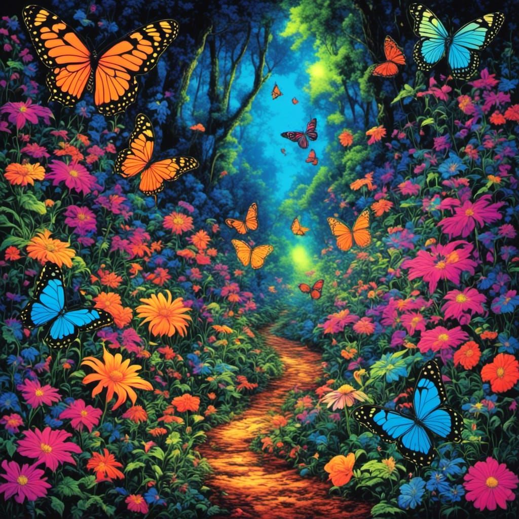beautiful butterfly flower forest path<lora:VintageBlacklight:1.0> 