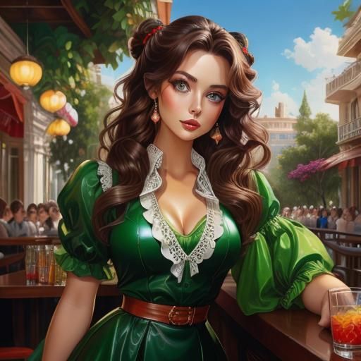 <lora:Nice Girl:1.0> pretty woman, brown hair, shiny  black green  latex short dress with ruffles, on terrace bar.