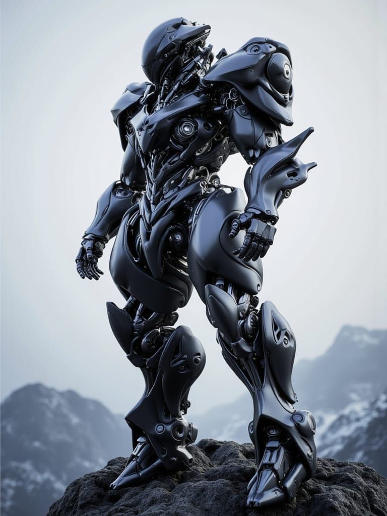 <lora:Organic Cyber Mecha:1.0> Black mecha, Deliberate, good aesthetic, perfect body shape, standing over a mountain peak