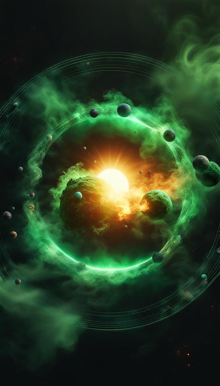 A smoky green sun collapsing into a blackhole pulling in nearby planets. Realistic smoke effects 3d effect hyperdetailed...