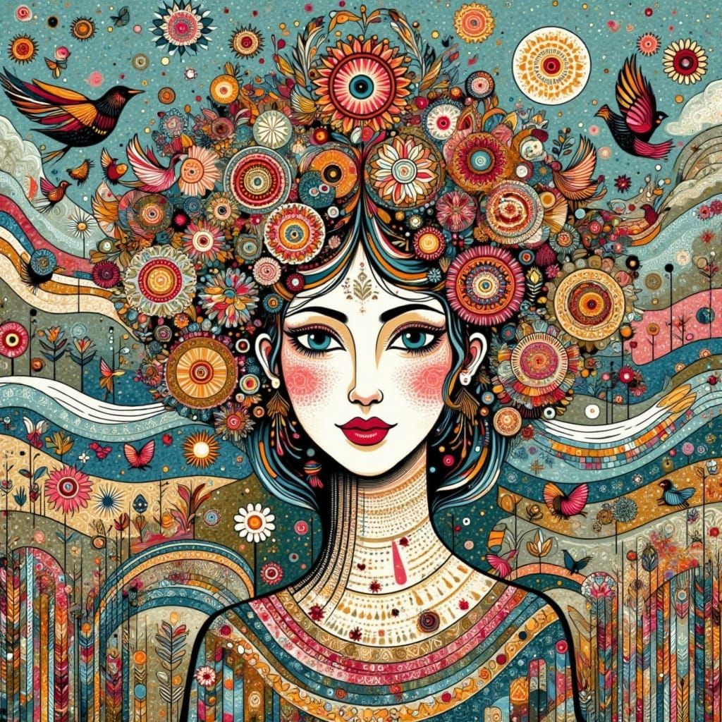 Nature goddess, gold and crimson hues, in Klimt style <lora:Earth and bricks:1.0> 