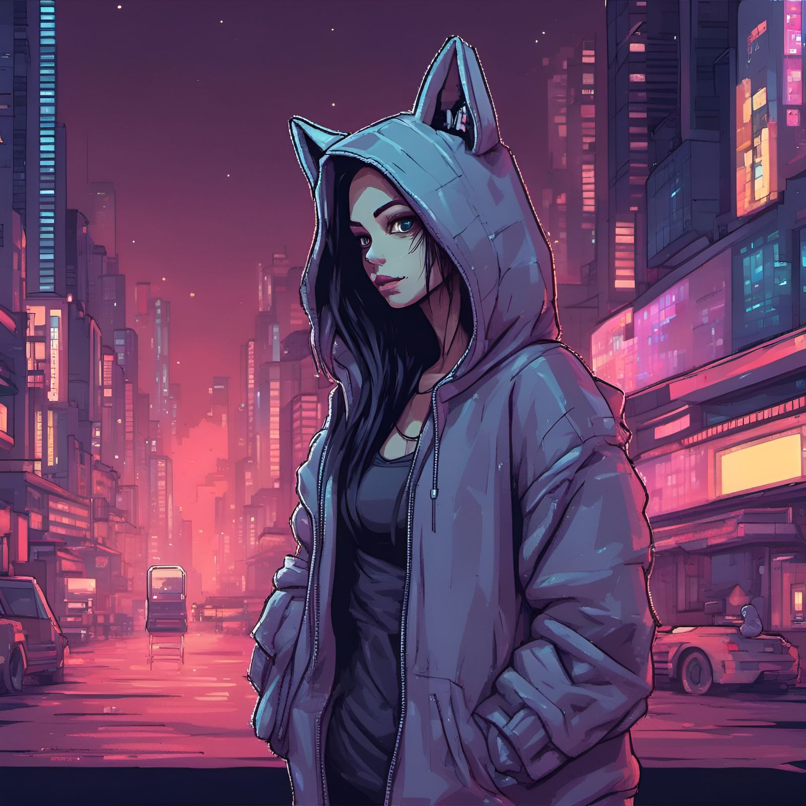 Cat hoodie girl in cyber city
