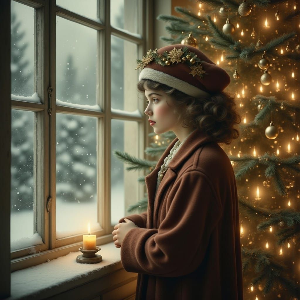 <lora:french vintage:1.0> Waiting for a Christmas miracle near the window, behind which sparkling snow falls. Near the house there is a deco...