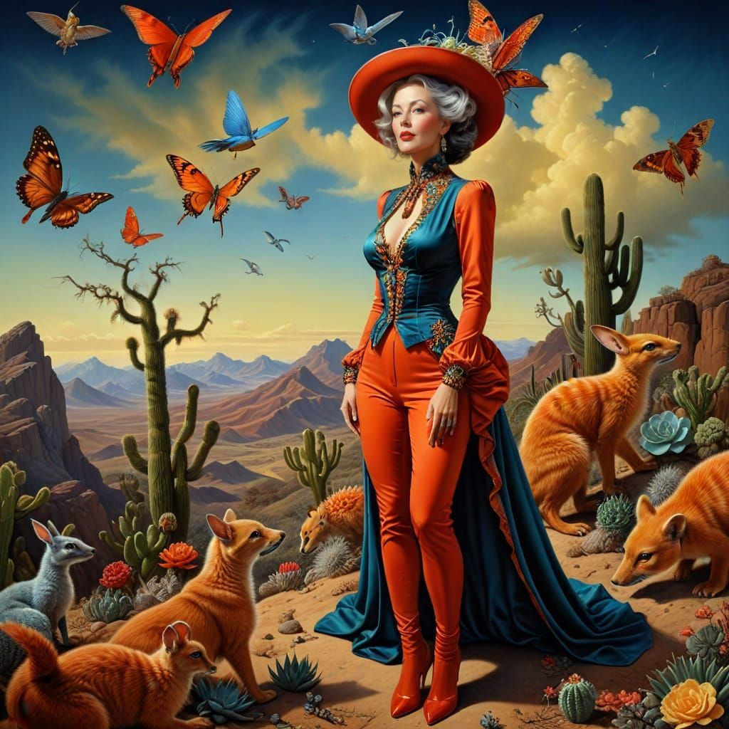 Hyperrealistic Portrait of a Happy Lady in Whimsical Surroun...