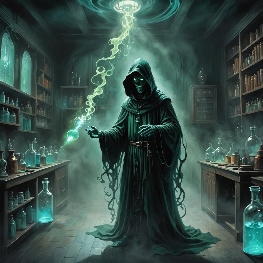 Cloaked Figure Holding Glowing Vial in Dark Laboratory