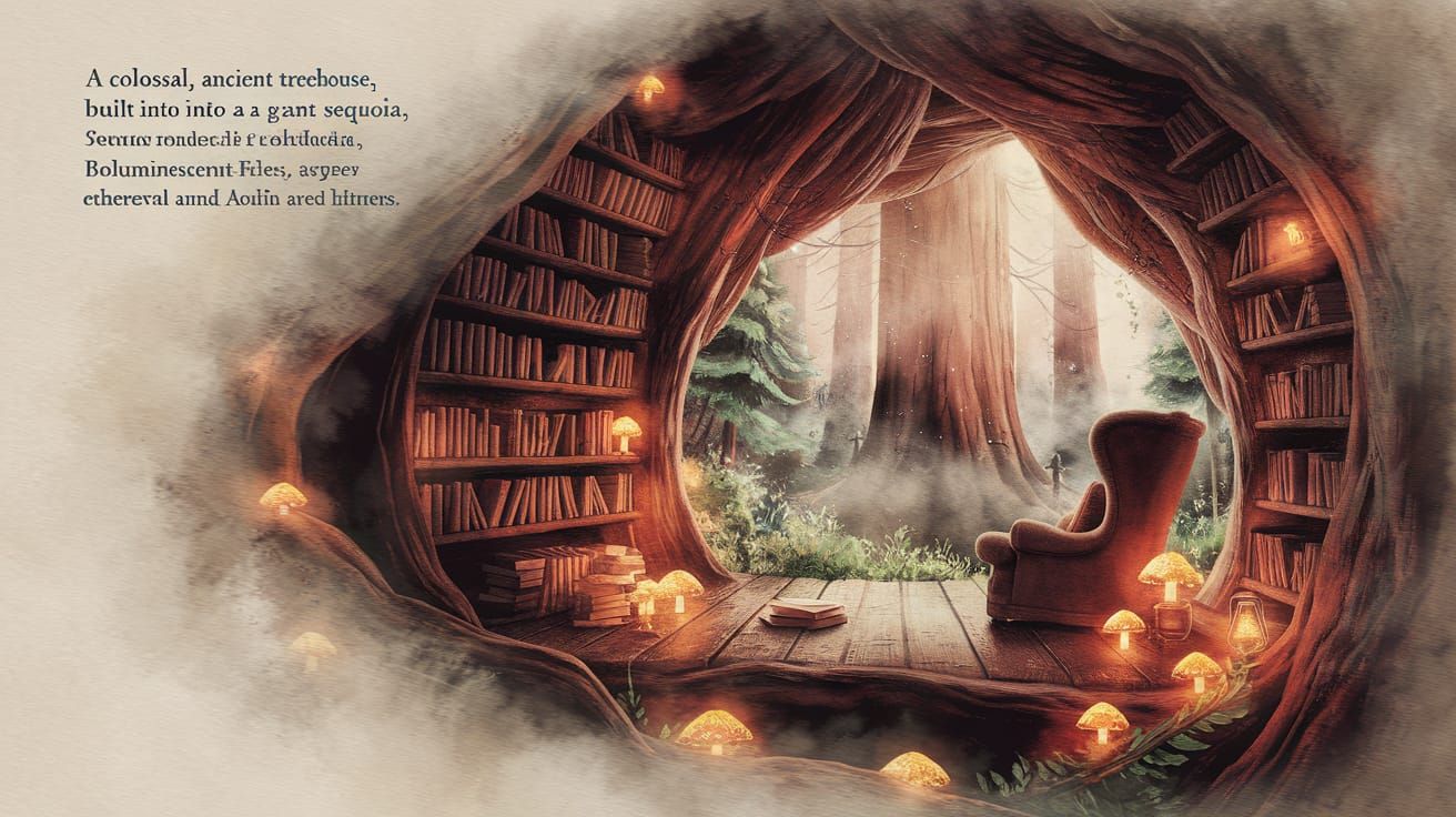 A colossal, ancient treehouse, built into a giant sequoia, serves as a sanctuary. Bookshelves overflowing with ...