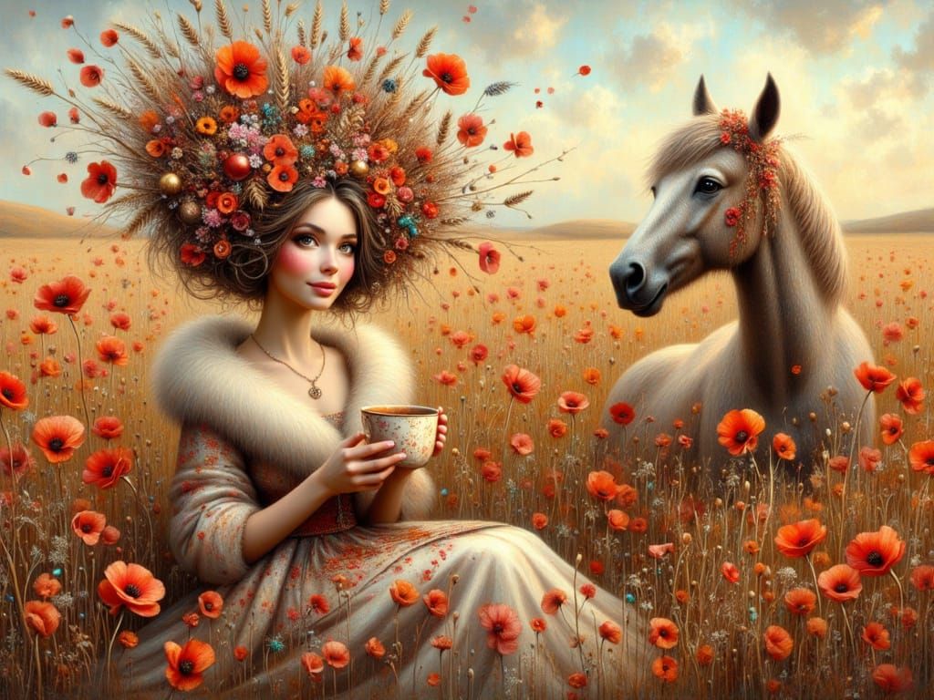 <lora:FiosXmasMagicWithMax:1.0> Julia and her Horse Jango in a Poppy Field