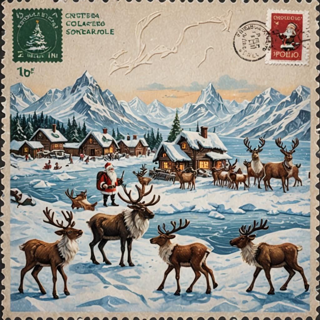 A stamped postcard with a picture of Santa and reindeer at the North Pole.  by @jcdcee 
