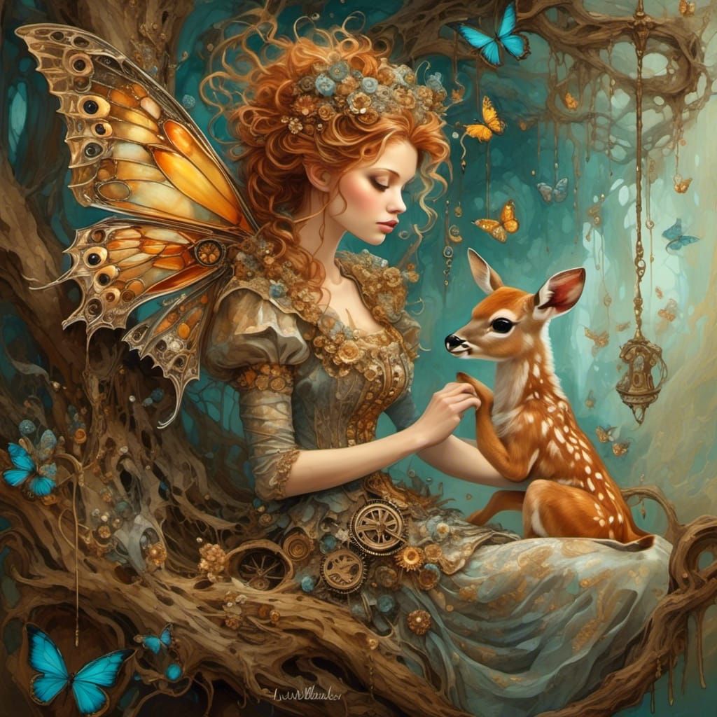 Steampunk butterfly fairy with a baby deer.  by @Ria