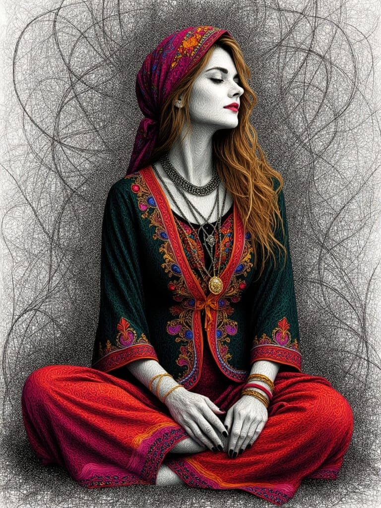 <lora:Scratchboard:1.0>  scratch art, very fine lines, intricate details, female gypsy woman, sitting crossed legged, black and white, selec...