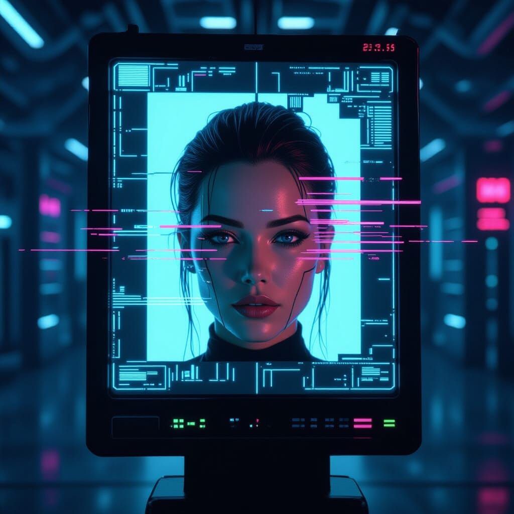 Super glitch and static face on a viewscreen with computer banks in the background.