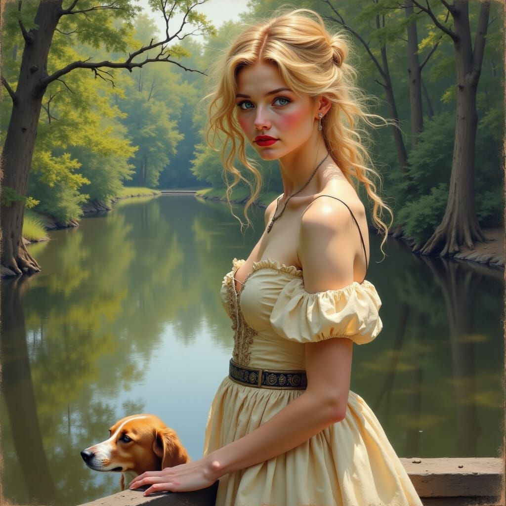 <lora:Juggernaut Art  Flux:1.0> Stunning woman, blue eyes, red lips, blond messy , volumiouse hair , dress, river, trees, dog,. oil painting