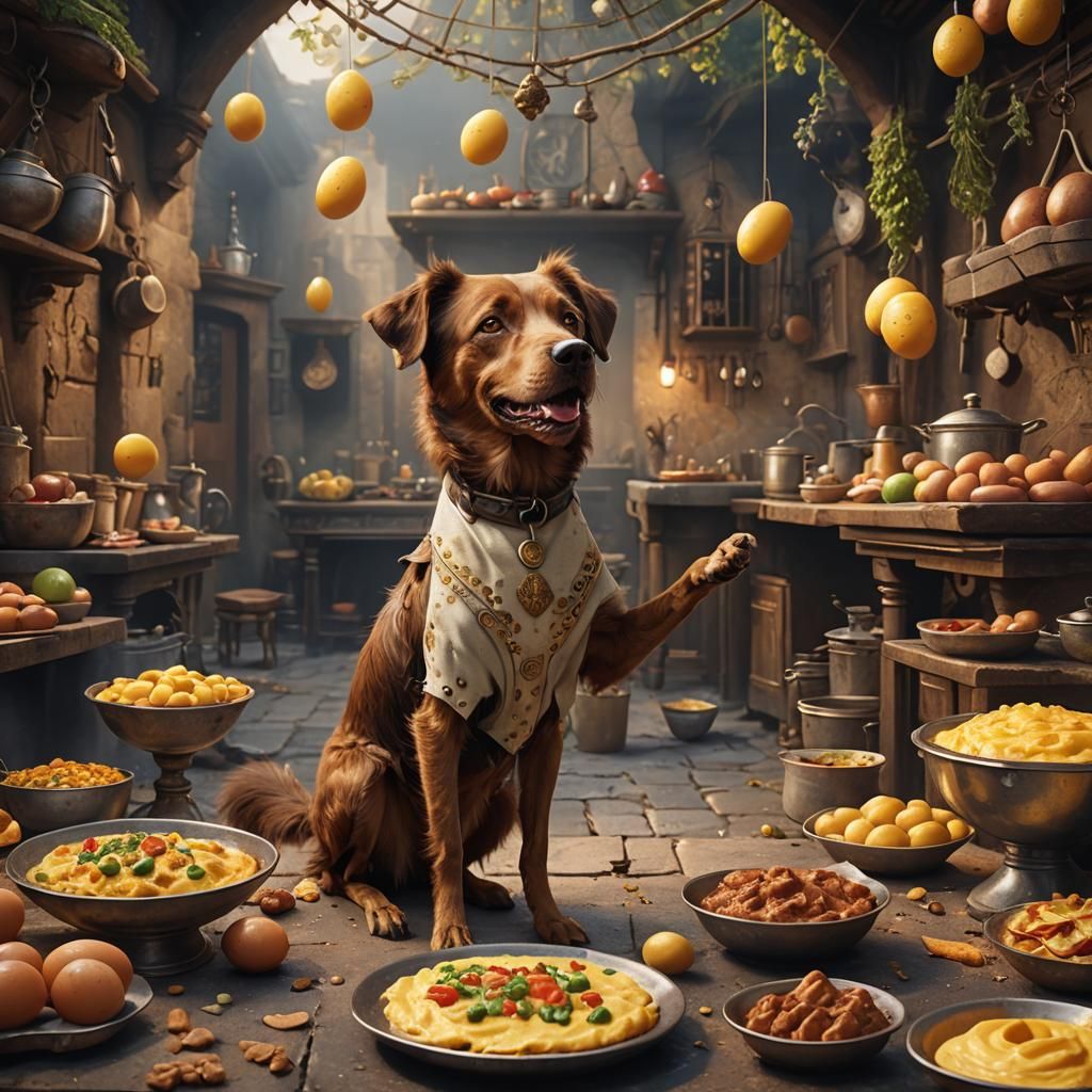Dog Chef Cooking Omelette, Detailed Matte Painting