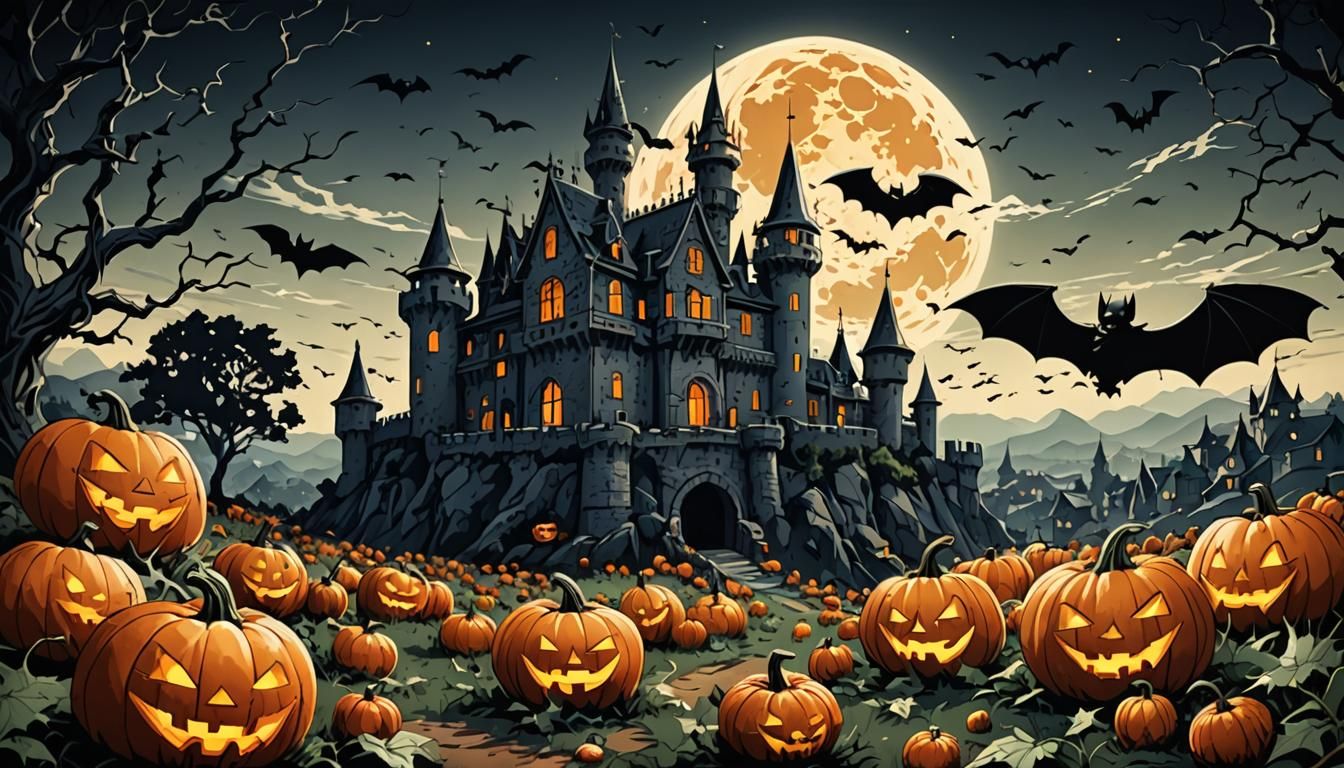 Pumpkins, Bats and Castle.