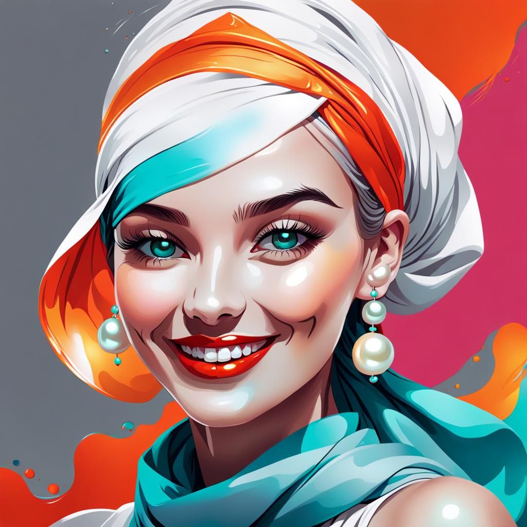 Girl with a pearl character headscarf smiling glossy red lip...