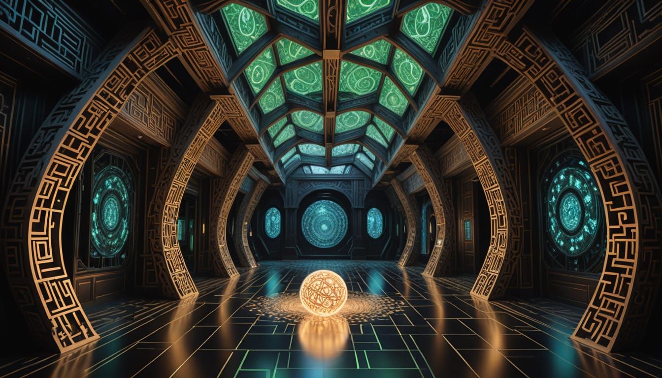 A photorealistic, hyperrealistic depiction of a hyperdimensional, Escher-inspired structure—a labyrinth of impossible geometry and infinite ...