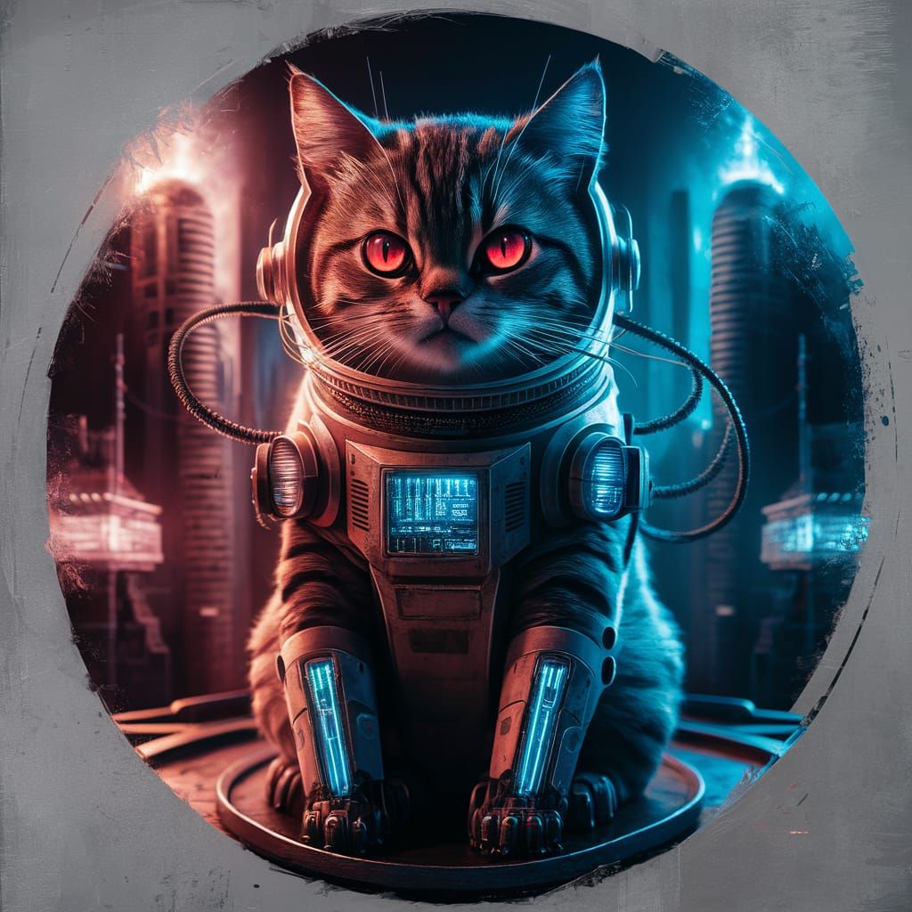 Space cat with electronic implants. Robotic cat