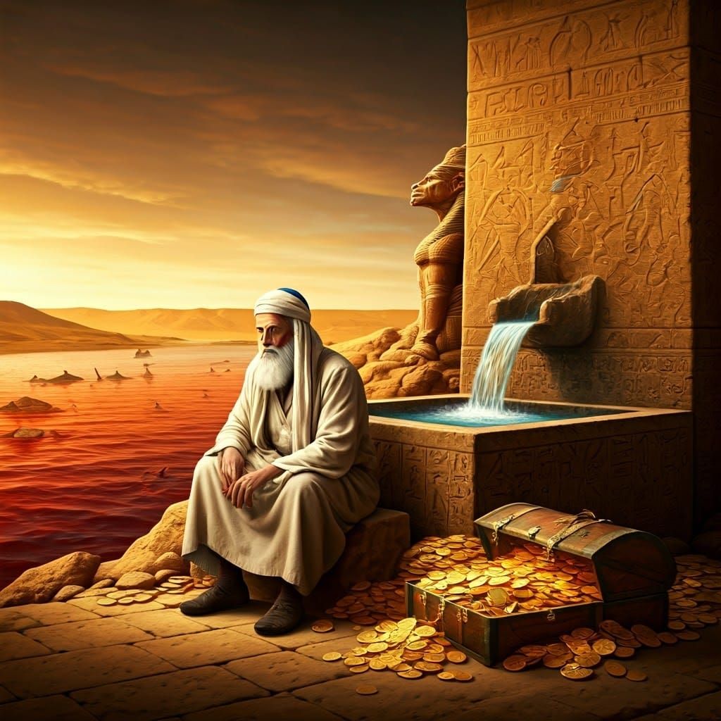 Ancient Jewish Scholar Surrounded by Red Nile and Hieroglyph...
