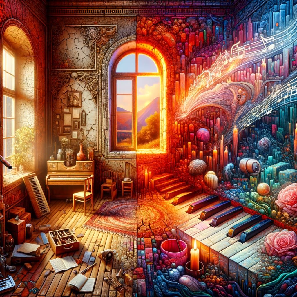 Vibrant Maximalist Scene of Cracked Walls and Poetic Bridges