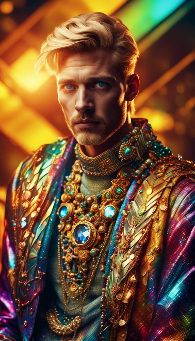Hyperrealistic portrait of a handsome blond man wearing intr...