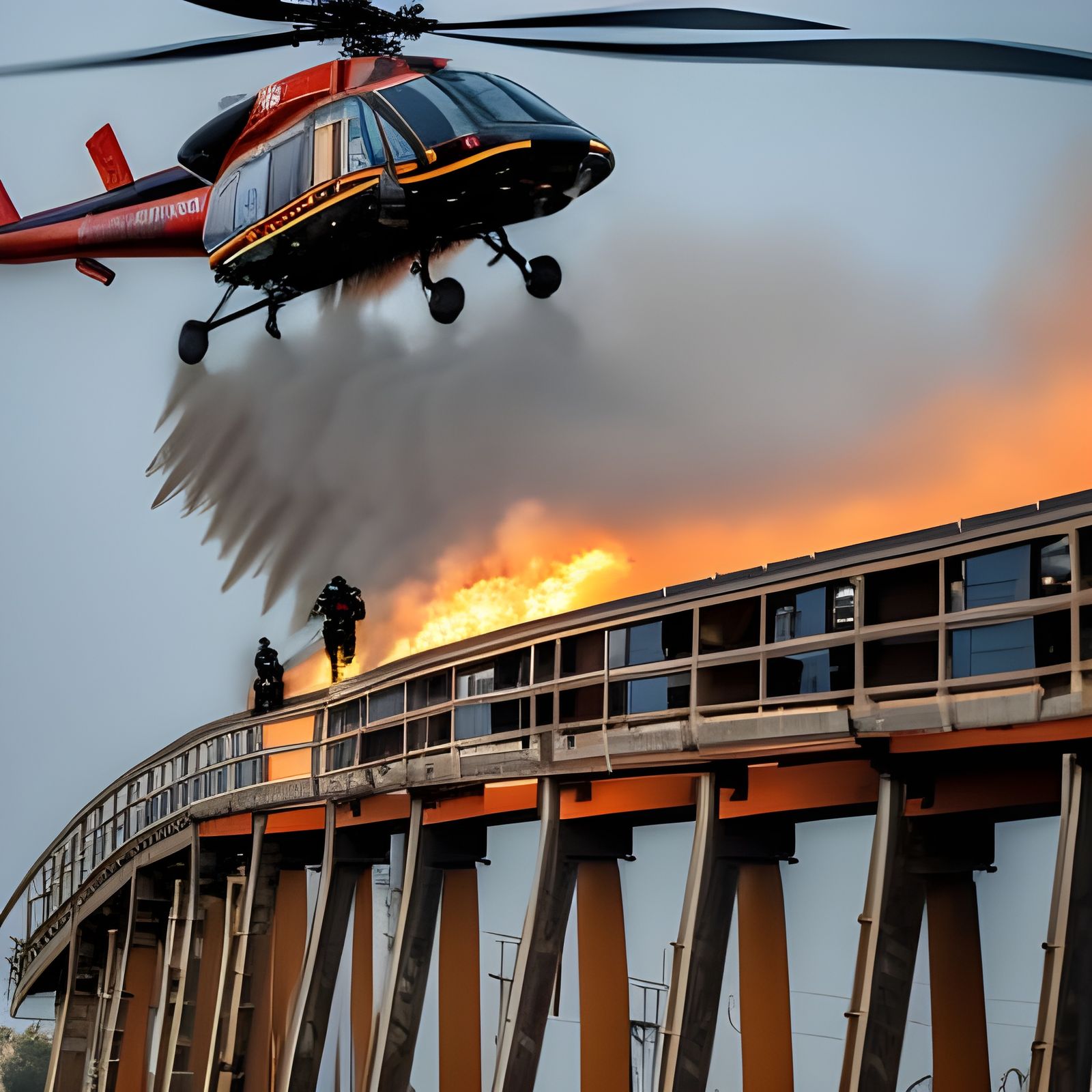 Firefighters running from burning train