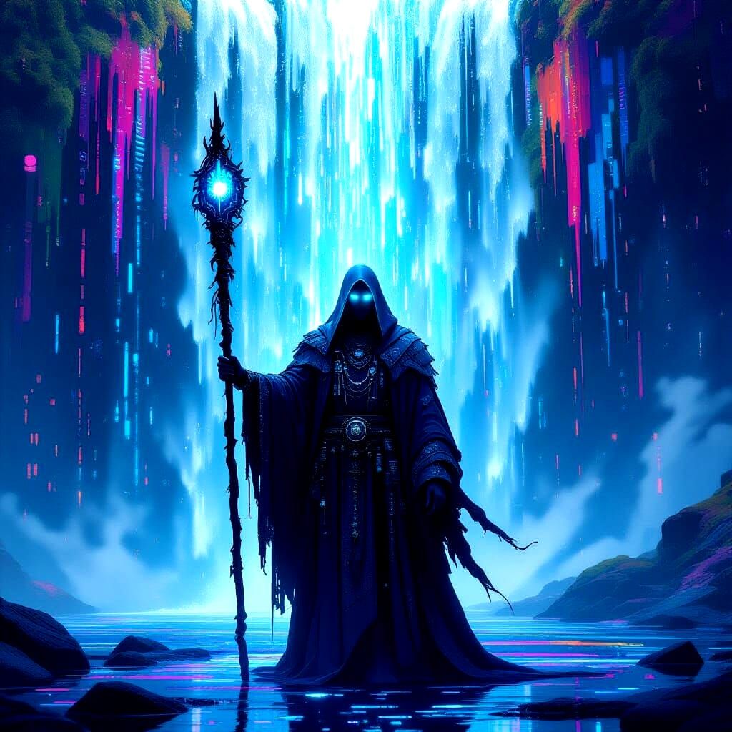 A digital shaman with a staff of pure data stands before a cascading waterfall of binary code, their eyes glowing with an otherworldly power...