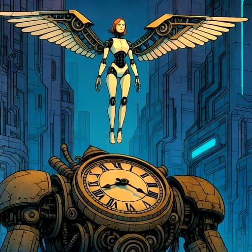 Close up of a solitary figure, a female robot with mechanical wings, floats above a colossal, ancient clockwork automaton in the style of Mo...