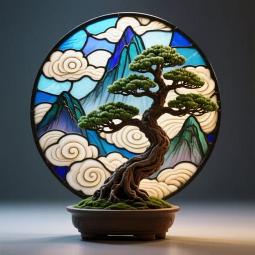 Stained glass backdrop bonsai