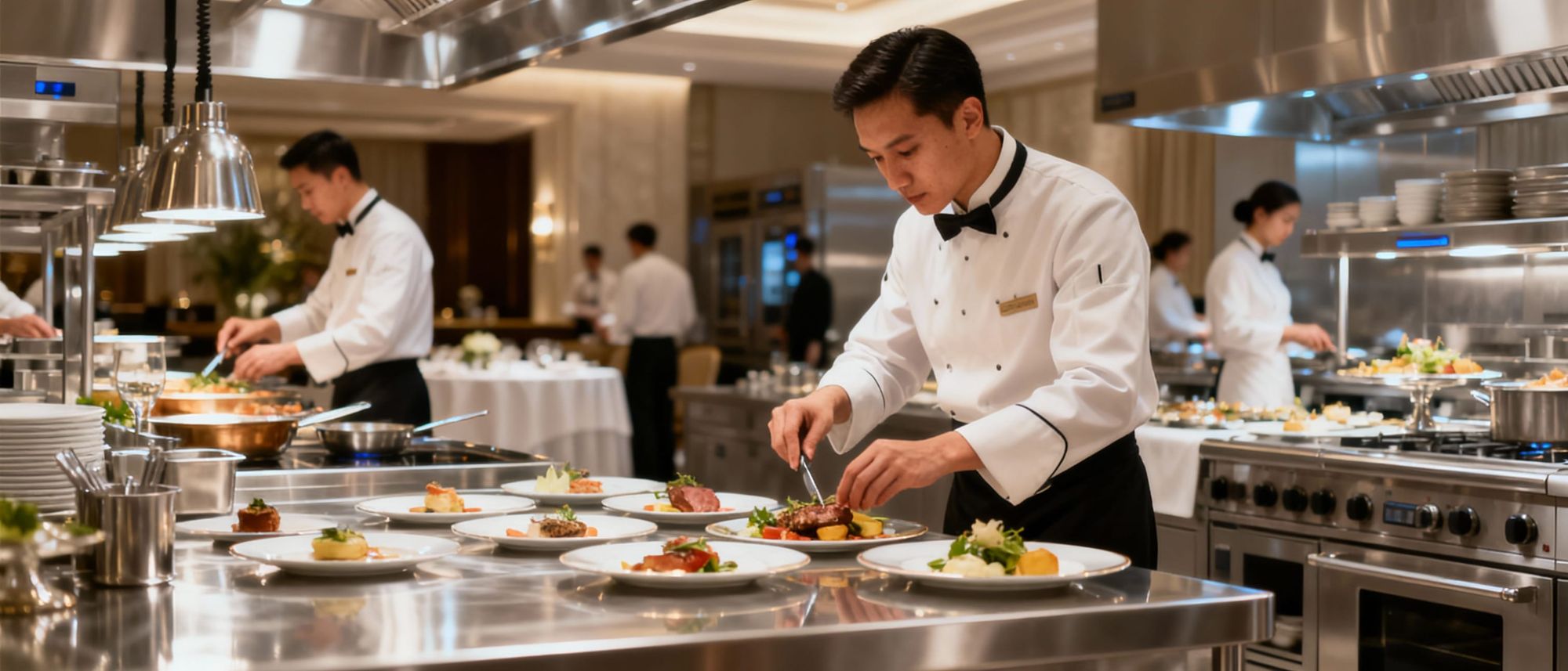 an elite executive large kitchen high end in a very upscale up market hotel kitchen, best modern expensive equipment, steel work surfaces, e...