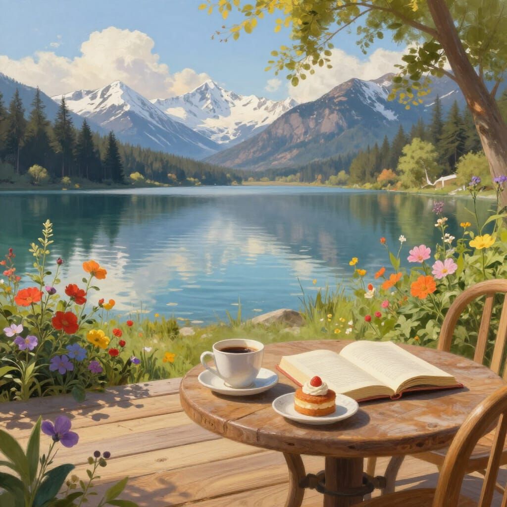 Serene Lakeside Deck with Mountains and Flowers