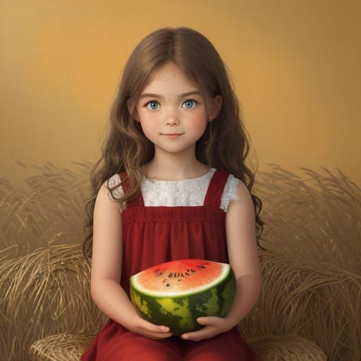 Girl in Red Dress Holds Watermelon in Golden Light