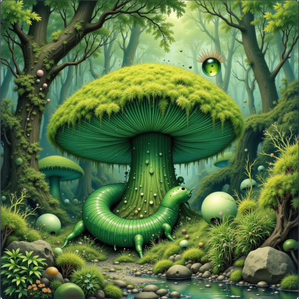 Emerald Tardigrade in Enchanted Forest Botanical Illustratio...